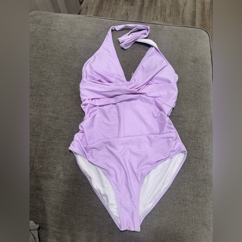 Lavender Ruched Halter One-Piece Swimsuit - Picture 6 of 12